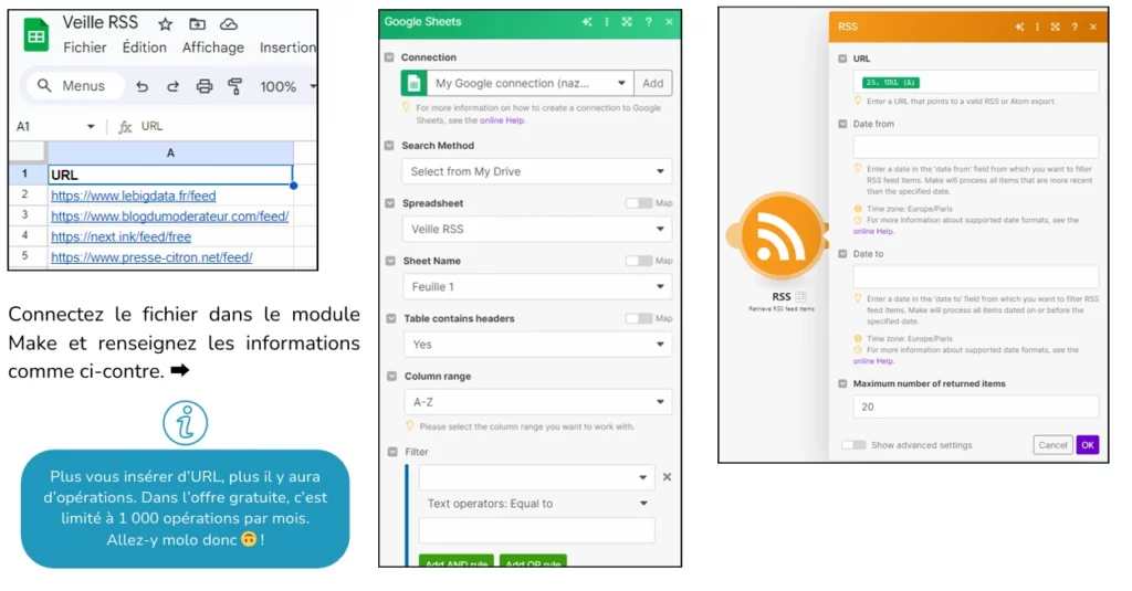 Configuration Make pour les flux RSS et le Google Sheet