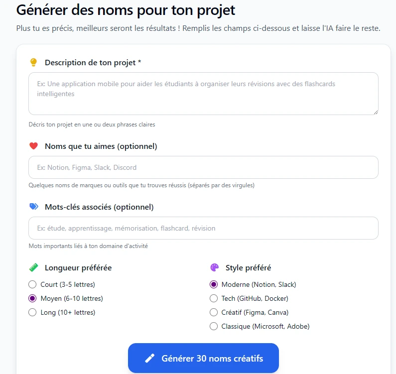 Formulaire pour trouver un nom de projet