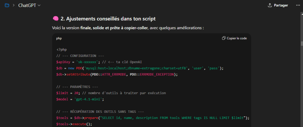 ChatGPT création d'un script pour traiter en masse des données