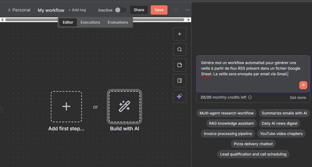 Demander à l'IA de créer une veille automatique (Editor cloud de n8n)