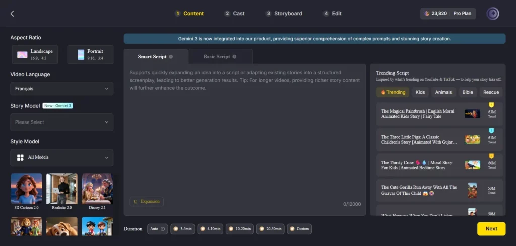 Interface de MagicLight pour créer une vidéo