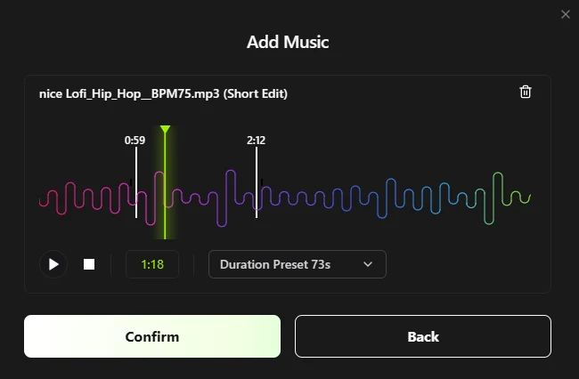 Sélectionner un segment de musique pour créer la vidéo.