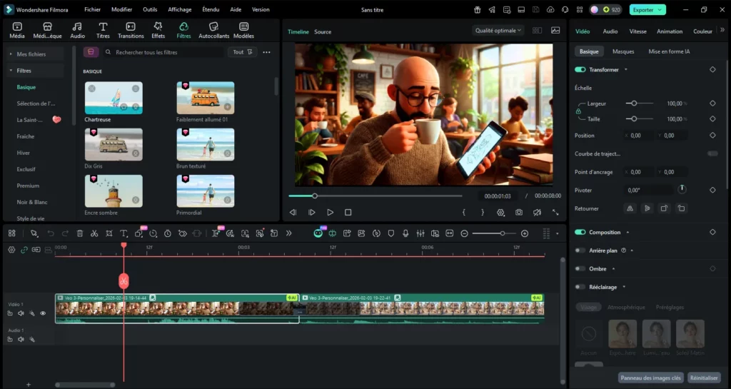 Procède au montage avec Filmora, pour ajouter des filtres, des effets de transition etc.