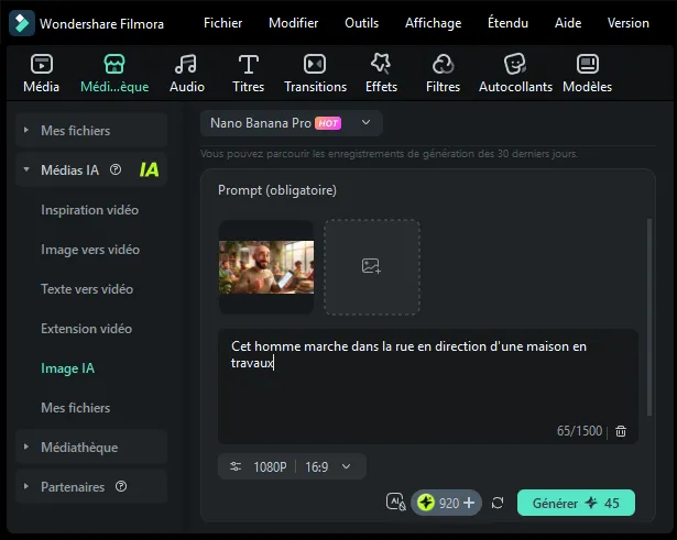 Générer une image à partir d'une image existante, dans Filmora AI.
