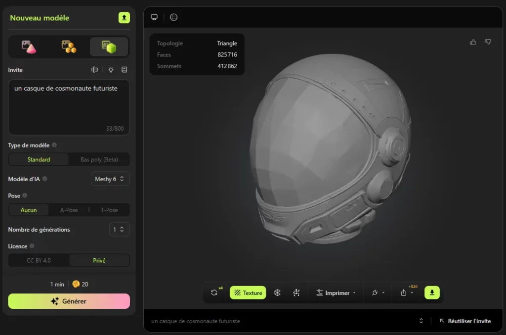 Génère un modèle 3D avec l'IA et un seul prompt