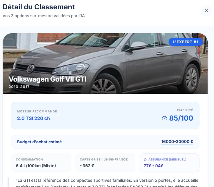 L'outil analyse des annonces de voitures et te propose les voitures idéales pour toi