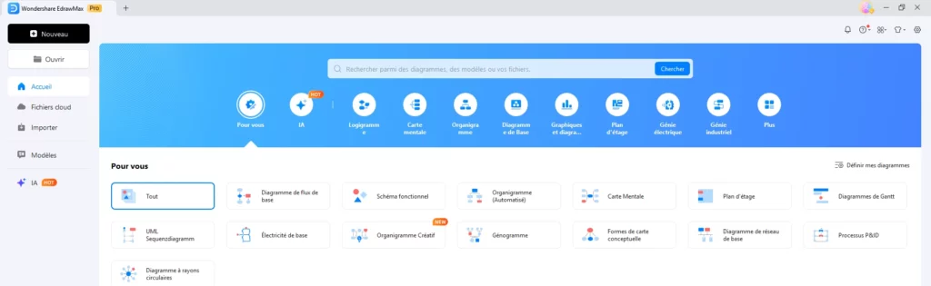 Interface d'EdrawMax pour créer des visuels professionnels