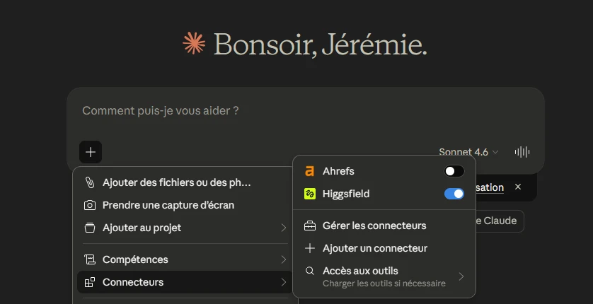 Connecteur MCP Higgsfield dans Claude