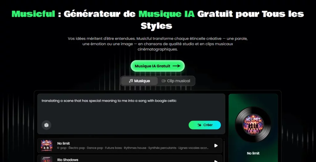 Page d'accueil de Musicful : générateur de musique IA gratuit