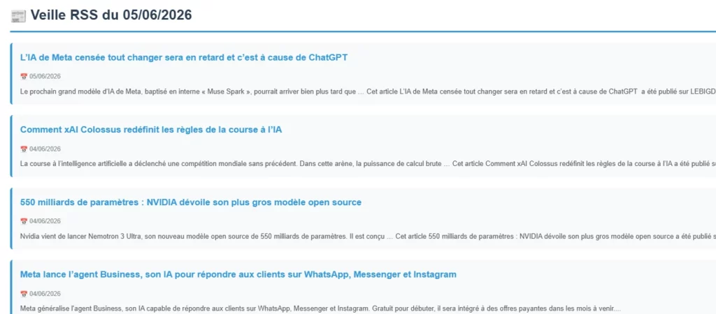 Veille automatisée qui arrive par email tous les matins (workflow n8n).