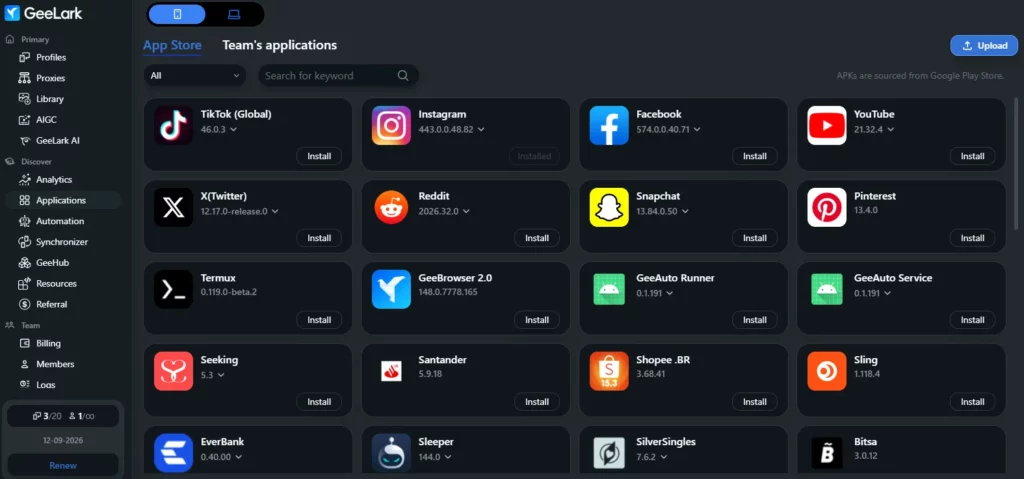 Liste des applications installables sur un cloud phone GeeLark