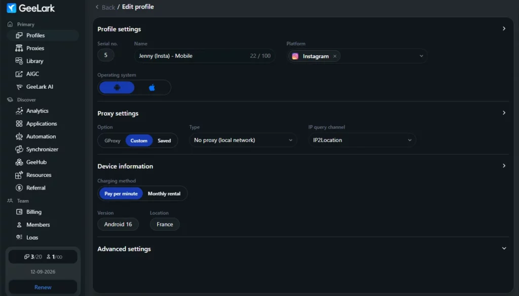 Réglages avancés d'un profil GeeLark : version Android, langue et proxy du cloud phone