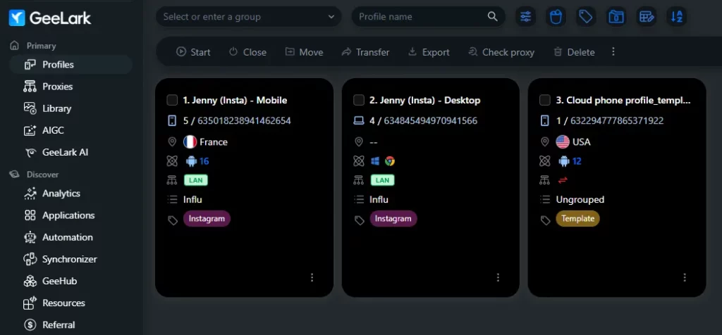 Plusieurs profils sur GeeLark, pour avoir plusieurs cloud phones à disposition