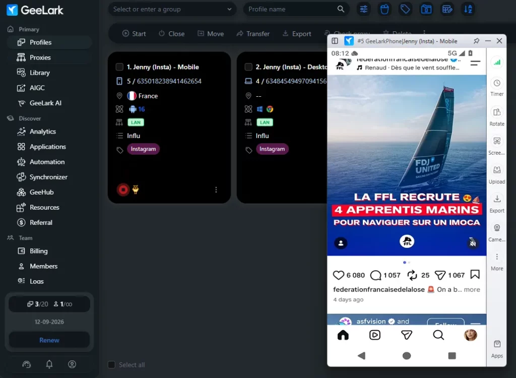 Session ouverte sur un cloud phone GeeLark depuis un PC