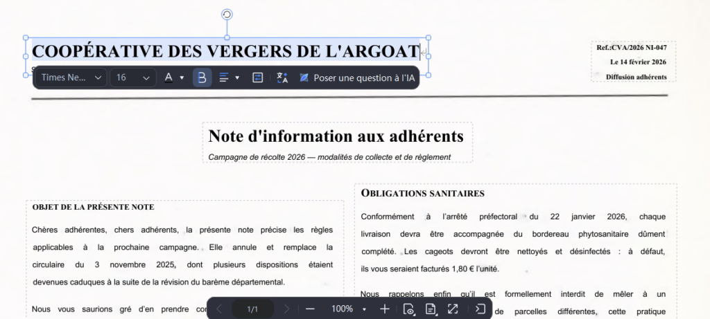 Suite à l'OCR, le document est modifiable