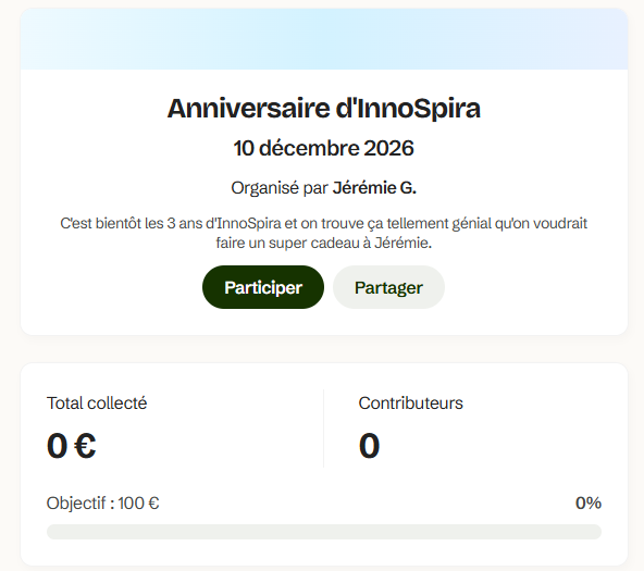 Page d'une cagnotte en ligne Memorable avec sa barre de progression