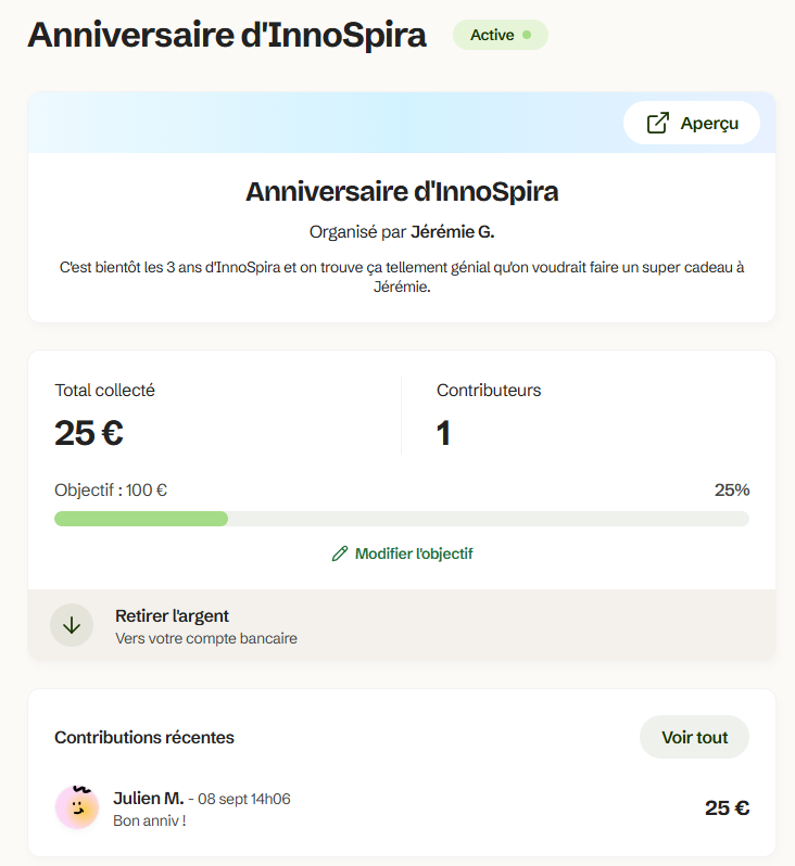 Tableau de bord Memorable : suivi des contributions et retrait de l'argent