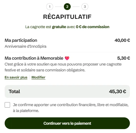 Écran A : commission de service déjà pré-remplie sur la cagnotte