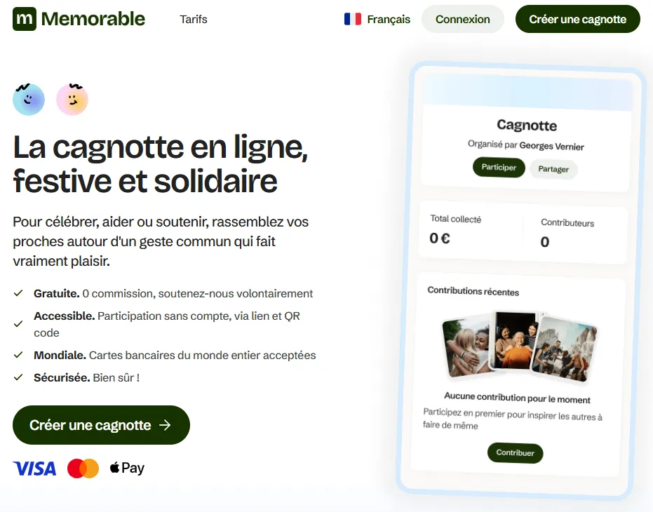 Créer une cagnotte en ligne sans frais, avec Memorable