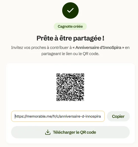 Partager sa cagnotte en ligne par lien ou par QR code