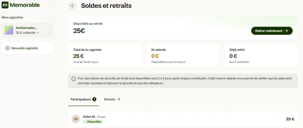Retrait des fonds d'une cagnotte en ligne sans frais Memorable